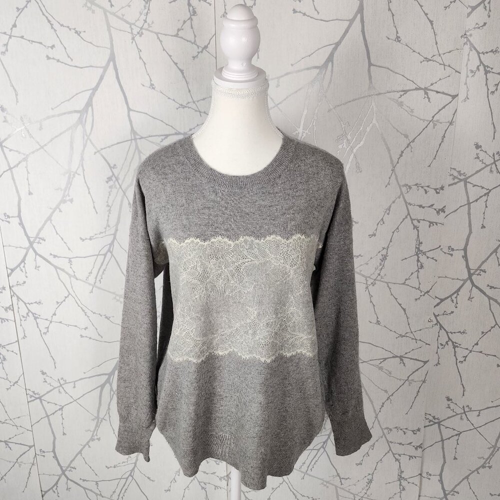 J. Crew Gray Wool Blend Lace Panel Crewneck Sweater